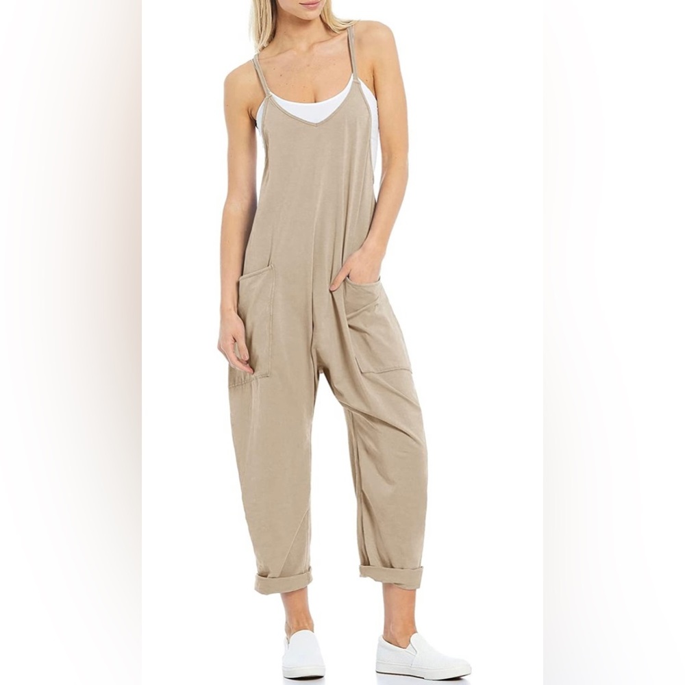 Spaghetti Strap Jumpsuit with Pockets & Zipper- Tan